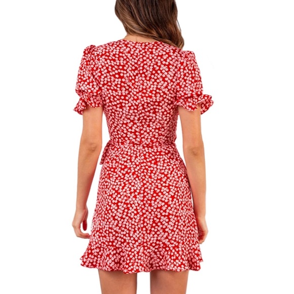 New! Red Floral Deep V Neck Short Sleeve Wrap Tie Waist Ruffle Dress - Picture 2 of 16